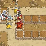 투구를 쓴 기사와 무기를 든 병사들이 다리 위에서 대치하고 있는 만화 스타일의 이미지