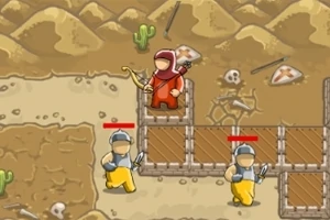 붉은 로브를 입은 인물이 높은 곳에서 활을 들고 있고, 두 명의 인물이 칼을 들고 땅 위를 걷고 있는 사막 배경