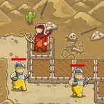 붉은 로브를 입은 인물이 높은 곳에서 활을 들고 있고, 두 명의 인물이 칼을 들고 땅 위를 걷고 있는 사막 배경