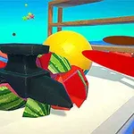 수박 조각들과 노란 공 옆에 있는 모루가 있는 장면