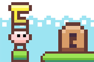 픽셀 아트로 된 두꺼운 글자를 모자 쓴 캐릭터가 받치고 있는 장면