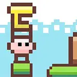 픽셀 아트로 된 두꺼운 글자를 모자 쓴 캐릭터가 받치고 있는 장면