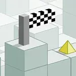 회색 큐브 배경 위에 빨간색 큐브와 노란색 피라미드 모양의 오브젝트, 체크무늬 깃발이 있는 장면