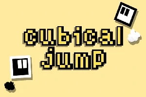 노란색 배경에 픽셀 아트 스타일의 cubical jump라는 글자와 두 개의 흑백 사각형 이미지가 있습니다