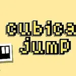 노란색 배경에 픽셀 아트 스타일의 cubical jump라는 글자와 두 개의 흑백 사각형 이미지가 있습니다