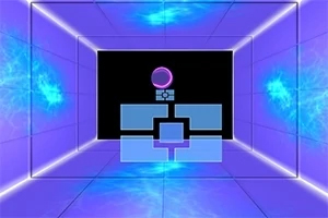 보라색과 파란색 네온 조명으로 꾸며진 미래적인 3D 방의 정중앙에 구와 사각형 패턴이 있는 이미지