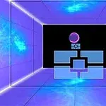 보라색과 파란색 네온 조명으로 꾸며진 미래적인 3D 방의 정중앙에 구와 사각형 패턴이 있는 이미지