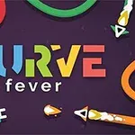 다양한 색상의 곡선 라인이 중앙의 알록달록한 글자 Curve fever 주변에서 움직이고 있는 이미지