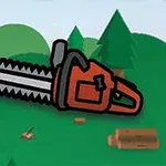 만화 스타일의 빨간 전기톱이 나무가 있는 숲을 배경으로 떠 있는 모습