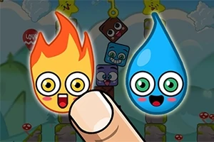 불꽃과 물방울 같은 형태를 가진 두 캐릭터가 웃고 있으며, 손가락이 그들을 가리키는 모습