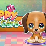 귀여운 강아지 이미지와 다채로운 배경의 제목 텍스트