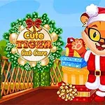 산타 모자를 쓴 귀여운 호랑이 캐릭터가 선물들과 함께 서 있는 모습