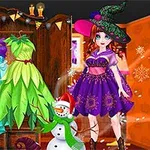 마녀 모자를 쓴 여성이 마법사 드레스가 걸린 옷장 앞에 서 있는 모습