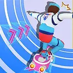 파란색과 흰색 줄무늬 벽 위를 핑크색 호버보드를 타고 지나가는 사람