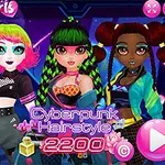 세 명의 캐릭터들이 사이버펑크 스타일의 배경 앞에 서 있으며, 각자 강렬한 색상의 헤어스타일과 의상을 입고 있다