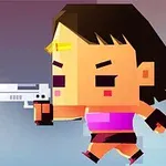 픽셀 아트 스타일의 캐릭터가 총을 들고 앞을 향해 달리는 모습