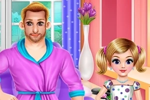 핑크색 가운을 입은 남성과 물방울무늬 드레스를 입은 금발 소녀가 밝은 실내에 서 있는 모습