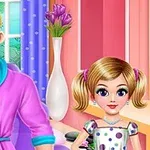 핑크색 가운을 입은 남성과 물방울무늬 드레스를 입은 금발 소녀가 밝은 실내에 서 있는 모습