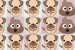강아지 얼굴과 웃는 강아지와 눈이 큰 갈색 변 모양이 반복된 이미지