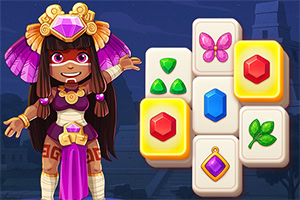 여성 캐릭터가 보석과 나비 등 다양한 아이콘이 있는 타일들과 함께 있는 이미지