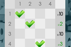 회색 격자 배경 위에 녹색 체크표시가 있는 숫자 퍼즐