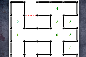흰 배경에 검은 선과 원으로 이루어진 격자 모양, 숫자와 빨간색 X 표시가 있음