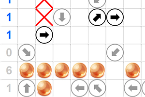 격자 무늬에 숫자와 다양한 방향의 화살표, 그리고 구슬 아이콘이 배치되어 있는 장면