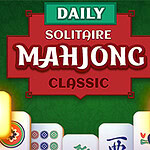 녹색 배경 위에 빨간색 사각형에 흰색 글자로 DAILY SOLITAIRE MAHJONG CLASSIC이 적혀 있고, 주변에 복숭아색 꽃과 여러 가지 마작 패가 배열되어 있다