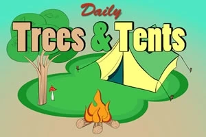 나무와 텐트, 캠프파이어 그리고 Daily Trees & Tents라는 글자가 있는 삽화