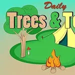 나무와 텐트, 캠프파이어 그리고 Daily Trees & Tents라는 글자가 있는 삽화