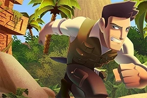 열대 밀림 배경에서 모험가가 달리는 모습