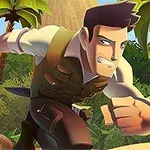 열대 밀림 배경에서 모험가가 달리는 모습