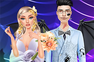 보라색 배경 앞에서 웨딩드레스를 입은 금발 신부와 안경을 쓴 신랑이 박쥐 날개와 검은 거미 장식이 있는 턱시도를 입고 서 있는 일러스트