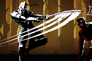 백색 갑옷을 입은 전사가 어두운 배경에서 칼을 휘두르는 모습