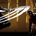 백색 갑옷을 입은 전사가 어두운 배경에서 칼을 휘두르는 모습