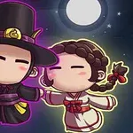 한복을 입은 두 귀여운 캐릭터가 밤하늘 아래서 서로 손을 잡고 있는 모습