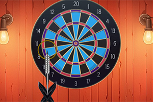 벽에 걸린 다트판과 다트 화살 두 개가 꽂혀 있는 모습