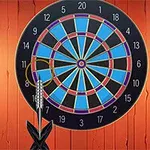 벽에 걸린 다트판과 다트 화살 두 개가 꽂혀 있는 모습