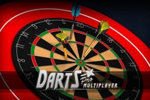 다트 판 위에 여러 개의 다트가 꽂혀 있고 아래에는 Darts Pro Multiplayer라는 글자가 있는 이미지