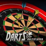 다트 판 위에 여러 개의 다트가 꽂혀 있고 아래에는 Darts Pro Multiplayer라는 글자가 있는 이미지