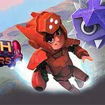 붉은 로봇 슈트를 입은 캐릭터가 하늘을 날아가는 모습과 날카로운 장애물이 있는 이미지