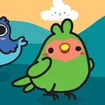 두 마리의 귀엽고 색색의 만화 스타일 새가 구름이 떠 있는 배경 앞에 서 있는 모습