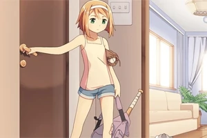 소파가 있는 방에서 문을 열고 들어오는 반바지를 입은 캐릭터