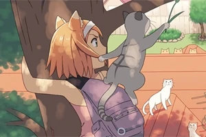 주황색 머리카락을 가진 애니메이션 소녀가 고양이와 함께 나무를 껴안고 있으며, 여러 마리의 고양이들이 주변에 있는 장면