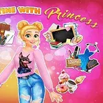 핑크색 배경 위에 금발의 여성이 중앙에 서 있고, 주변에 학용품, 음식, 노트북, 옷, 커피 등의 이미지가 장식되어 있습니다