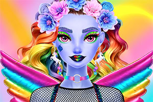 꽃 화관을 쓴 파란 피부의 여성 캐릭터가 무지개색 머리와 날개, 망사 상의를 입고 화려한 배경 앞에 있는 일러스트