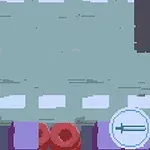 픽셀 아트 스타일로 도로를 따라 초록색 물체와 레드 타이어 장벽이 있는 장면