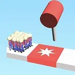 빨간 별이 그려진 플랫폼 위에 많은 사람들이 모여 있고, 그 위에 빨간 망치가 떠 있는 모습