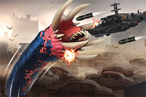 거대한 이빨을 가진 벌레가 폐허가 된 자동차와 황량한 배경 앞에 있는 장면