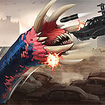 거대한 이빨을 가진 벌레가 폐허가 된 자동차와 황량한 배경 앞에 있는 장면